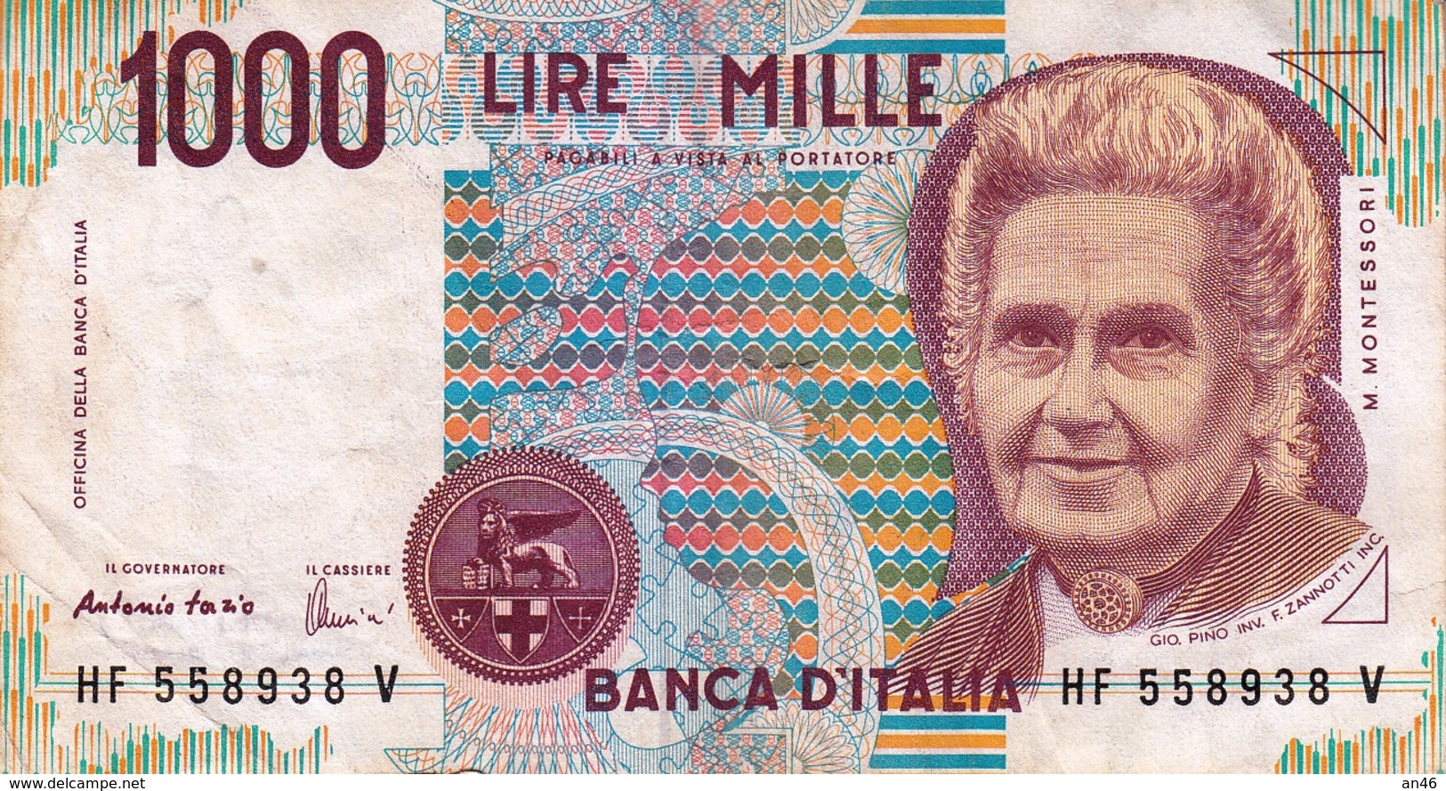 Banconote/Banconota Da 1000 Lire_Montessori_ Lotto Di 1 Biglietto_ Serie HF 558938 V-" 2 SCANSIONI- - Autres & Non Classés