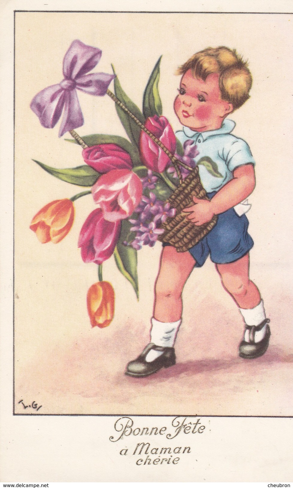 CARTE FANTAISIE  BONNE FÊTE A MAMAN CHERIE. TL. GI . ILLUSTRATEUR. ENFANT ET SON PANIER DE TULIPES - Fête Des Mères