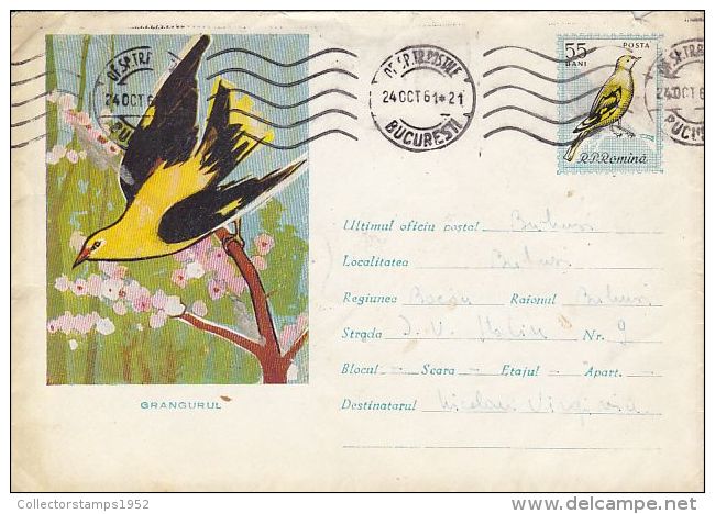 60758- GOLDEN ORIOLE, BIRDS, COVER STATIONERY, 1961, ROMANIA - Sperlingsvögel & Singvögel