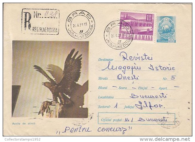 60770- GOLDEN EAGLE, BIRDS, REGISTERED COVER STATIONERY, 1971, ROMANIA - Adler & Greifvögel