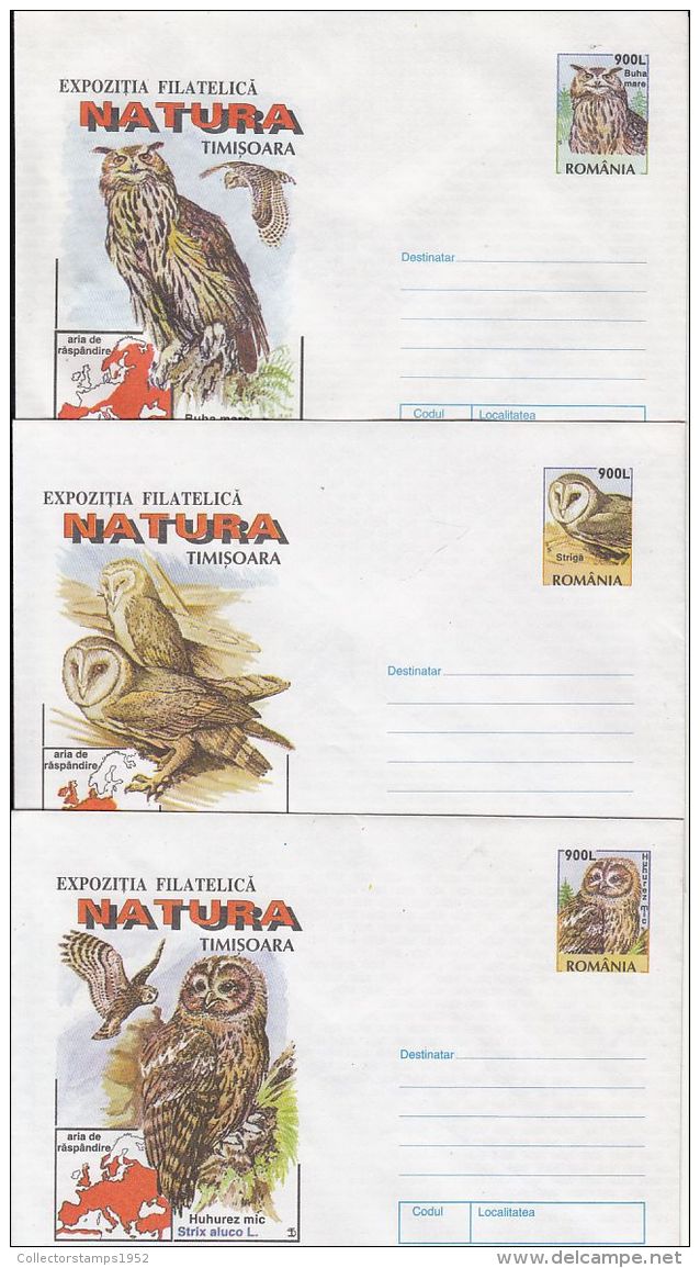 60789- TAWNY OWL, BARN OWL, EAGLE OWL, BIRDS, COVER STATIONERY, 3X, 1998, ROMANIA - Eulenvögel