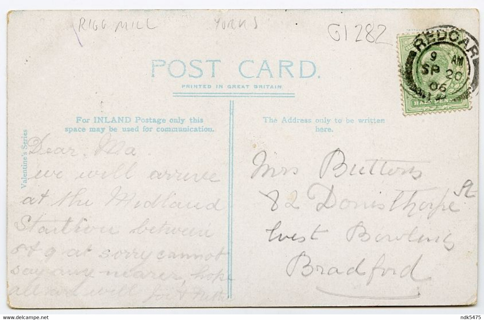 WHITBY : RIGG MILL / POSTMARK - REDCAR / ADDRESS - BRADFORD, WEST BOWLING, DONISTHORPE STREET (BUTTONS) - Whitby