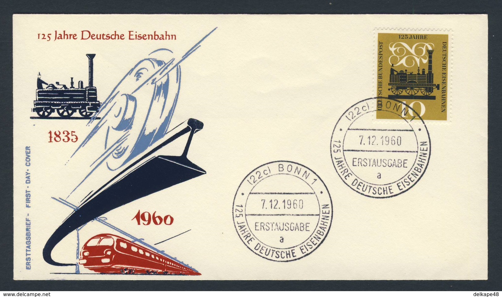 Deutschland Germany 1960 FDC + Mi 345 - 125 Jahre Deutsche Eisenbahn 1835 - 1960 / 125th Ann. German Railway - Treinen