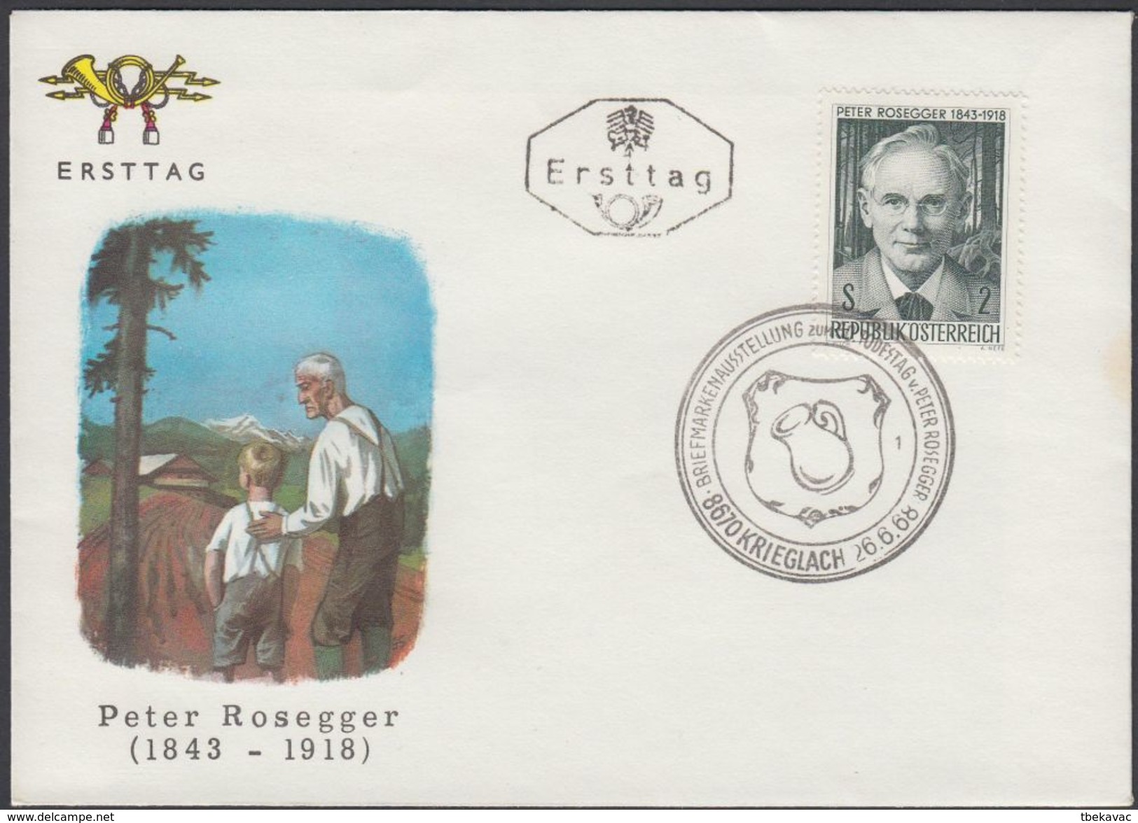 Austria 1968, FDC Cover "Peter Rosegger" W./postmark "Krieglach", Ref.bbzg - Variétés & Curiosités