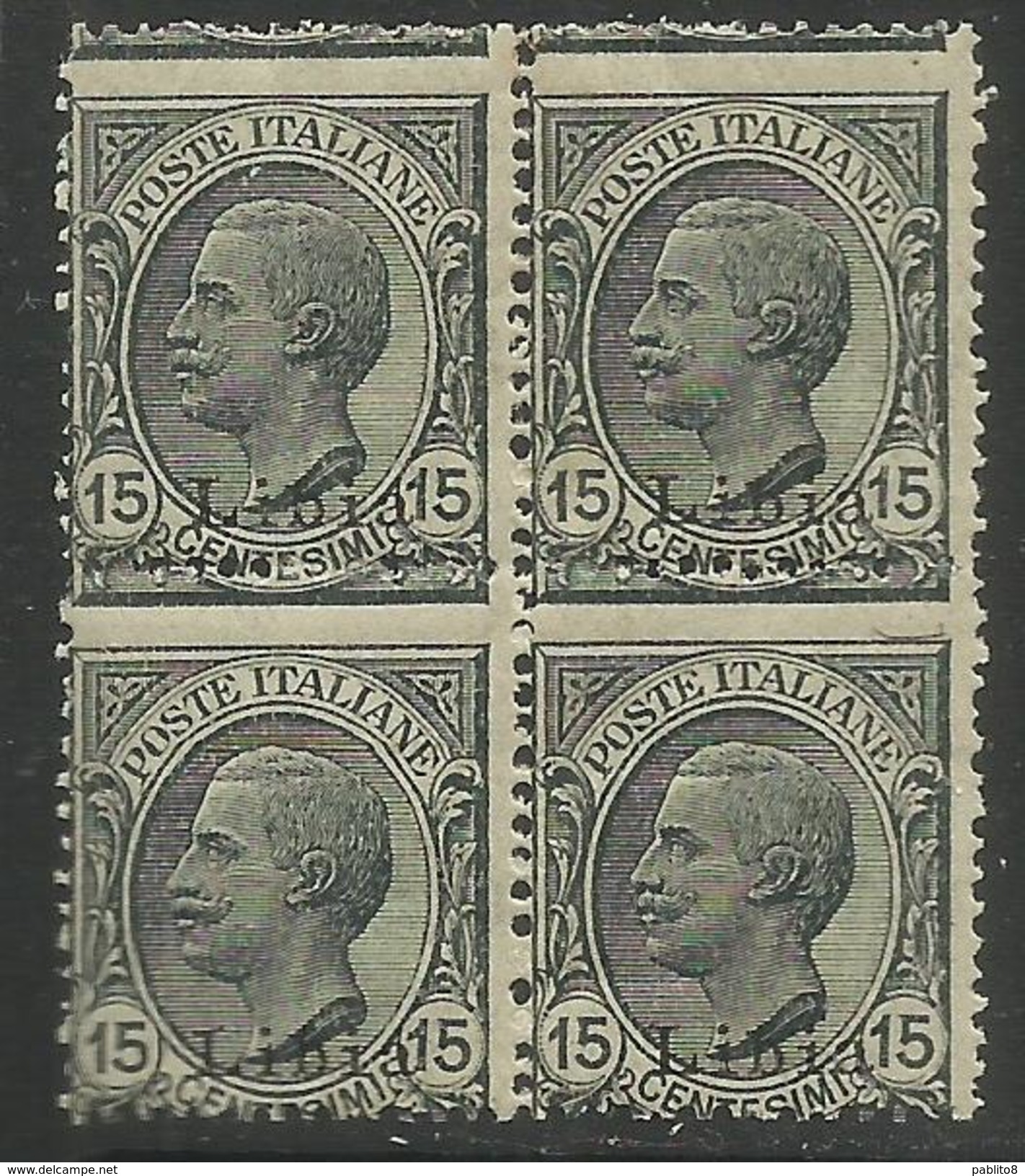 LIBIA 1921 ITALY OVERPRINTED SOPRASTAMPATO D´ITALIA REGNO 15 CENTESIMI QUARTINA BLOCK MNH - Libya