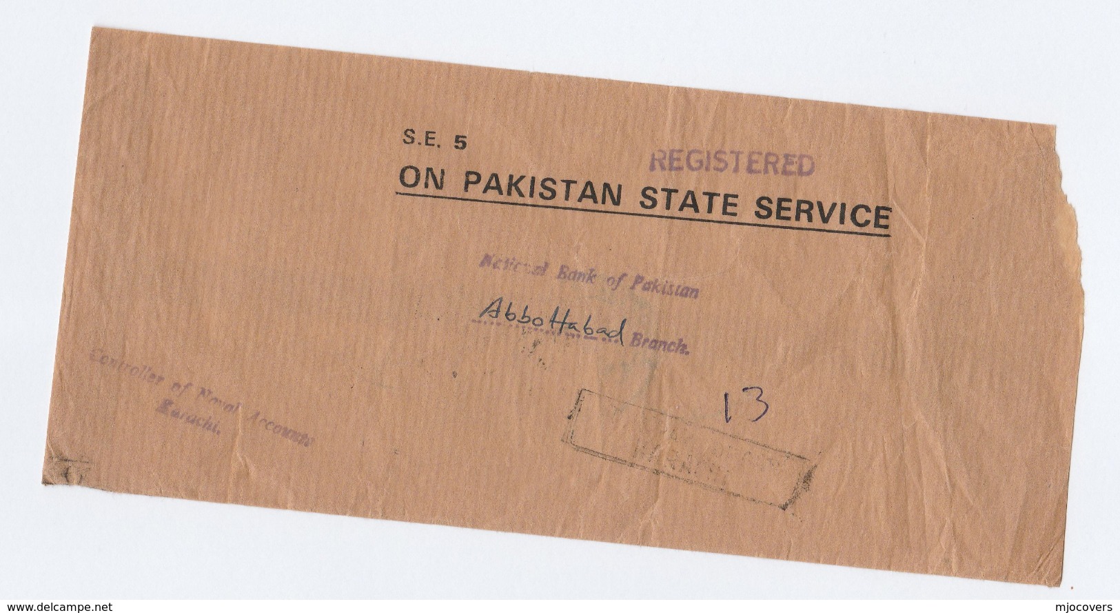 1988 REGISTERED COVER From PAKISTAN STATE SERVICE CONTROLLER OF NAVAL ACCOUNTS  To Bank Of Pakistan Abbottabad   Stamps - Pakistan