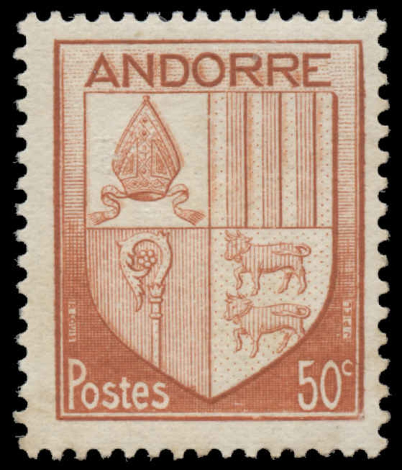 Andorra (French) Scott # 81, 50¢ Orange Red (1944) Coat Of Arms, Mint Never Hinged - Unused Stamps