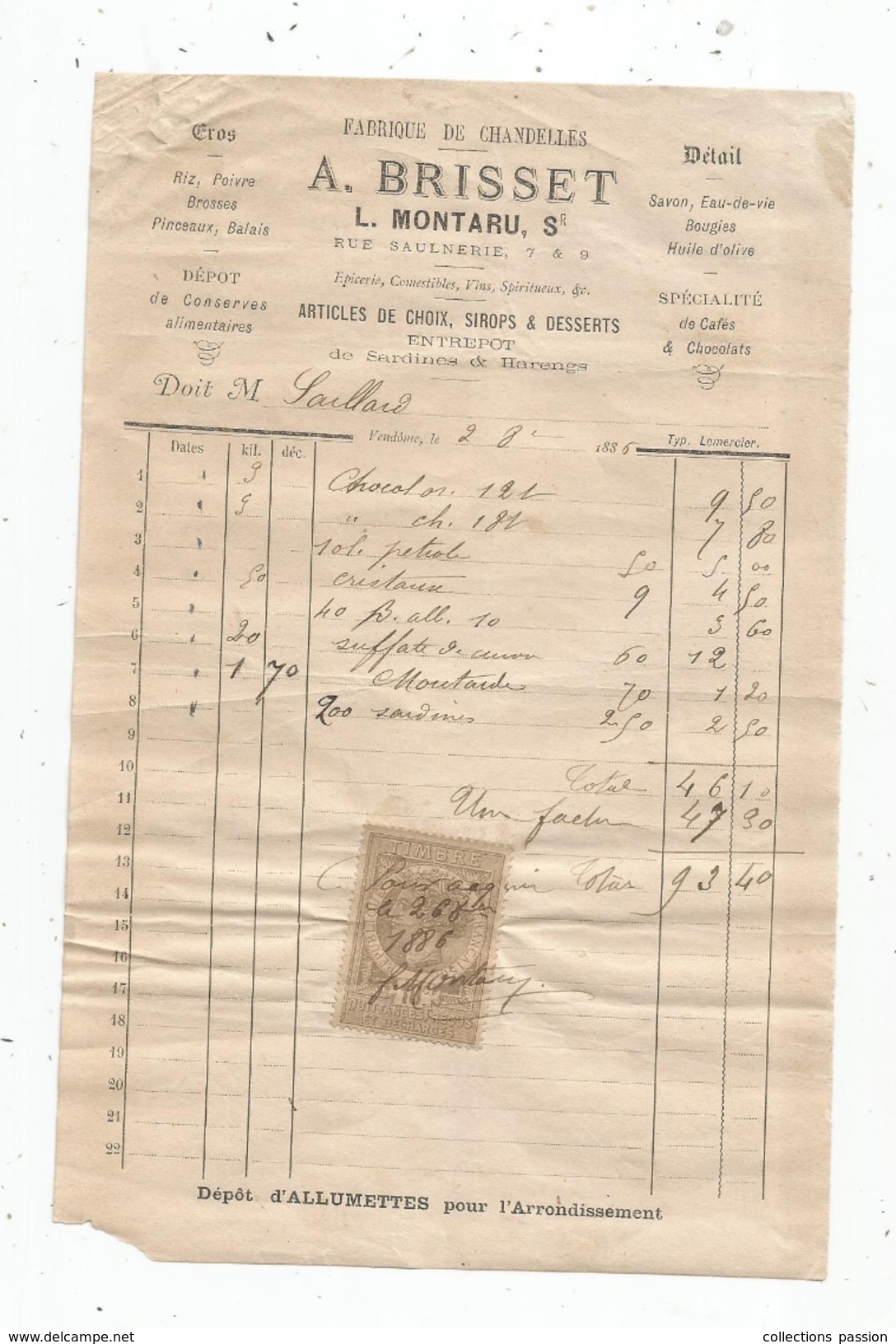 Facture , Fabrique De Chandelles , A. Brisset , L. Montaru Successeur , Vendôme, Timbrée , 1886 , Frais Fr : 1.55& - 1800 – 1899