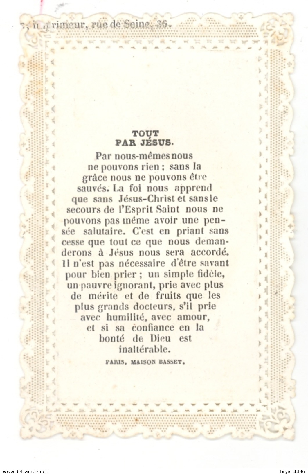 CANIVET DE DENTELLE MECANIQUE - "TOUT PAR JESUS" - IMAGE PIEUSE (6,5 X 10,4 Cm) - édit; MAISON BASSET -  PARFAIT ETAT. - Imágenes Religiosas