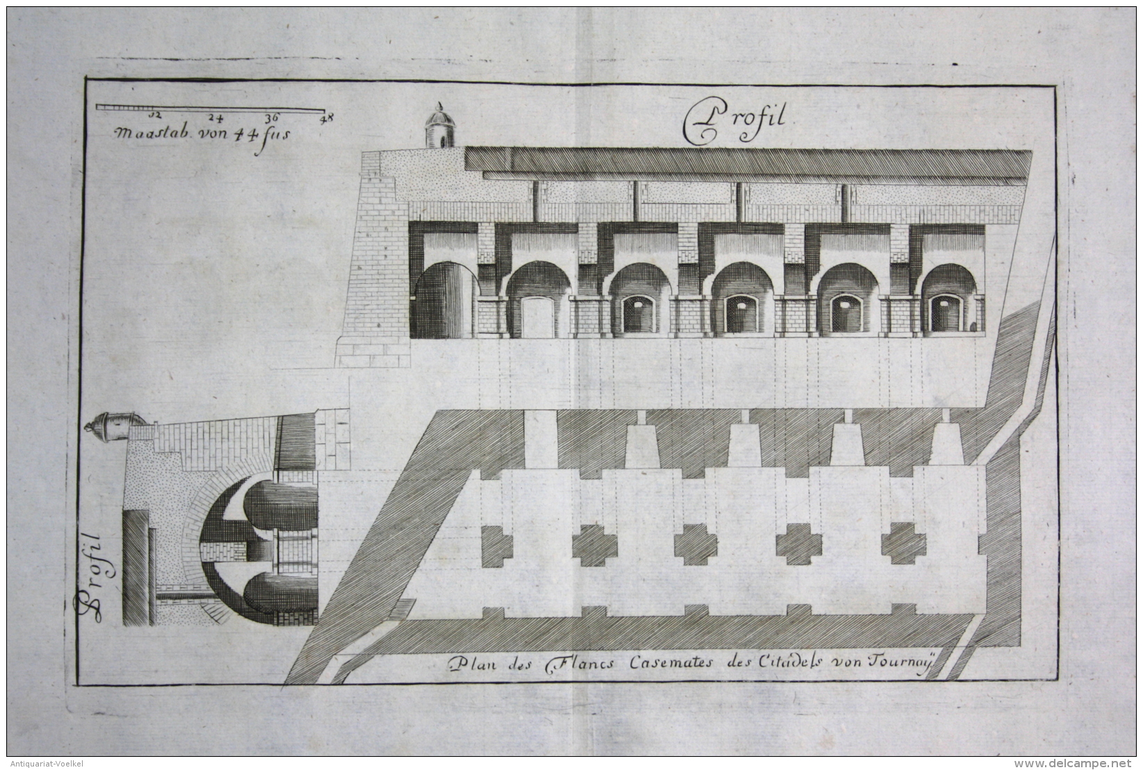 "Plan Des Flancs Casemates Des Citadels Von Tournay" - Tournai Belgique Plan Gravure Kupferstich Antique Print - Stiche & Gravuren