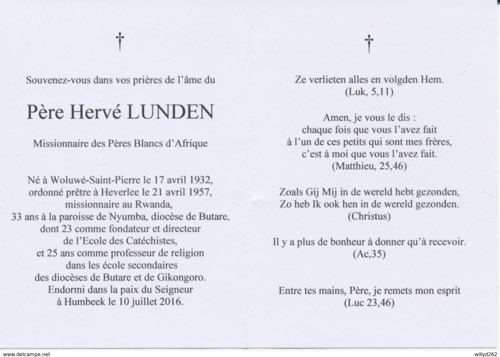 Doodsprentje Pater Hervé LUNDEN ° Sint-Pieters-Woluwe 1932 + Humbeek 2016 - Missionaris Rwanda - Religion & Esotérisme