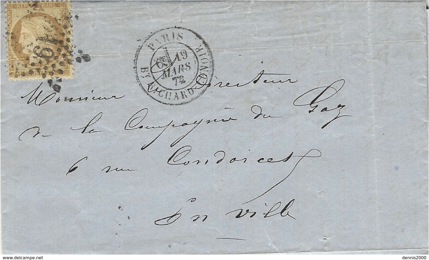 1872- Lettre  De PARIS / Bt RICHARD-LENOIR   Affr. N° 55 étoile  19 - 1849-1876: Période Classique