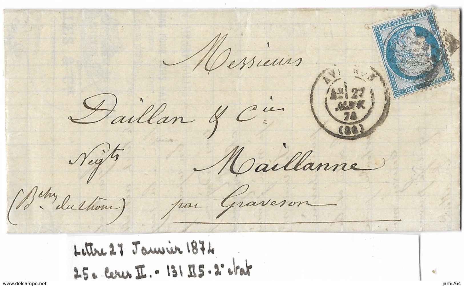 LETTRE 27 Janvier 1874 ; 25C TYPE 2 ; 131 D5 2éme état  TTB - 1871-1875 Cérès