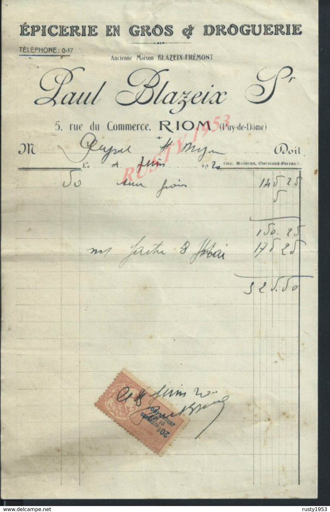 FACTURE DE 1920 PAUL BLAZIER ÉPICERIE EN GROS & DROGUERIE À RIOM : - Droguerie & Parfumerie