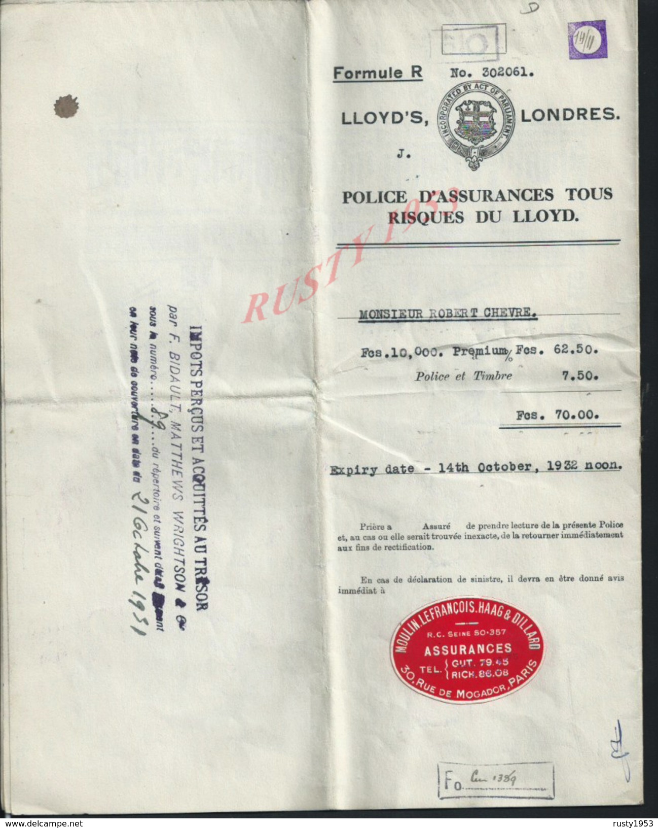 LONDRES 1931 LONDON PARIS POLICE D ASSURANCE DU LLOYD VIOLON DE L ECOLE ITALIENNE DE MILAN 18e SIECLE GIOVANNI GRANCINO - Bank & Versicherung