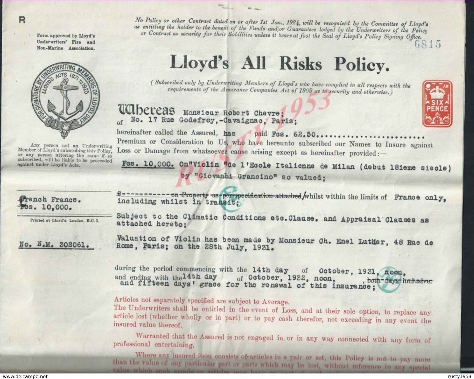 LONDRES 1931 LONDON PARIS POLICE D ASSURANCE DU LLOYD VIOLON DE L ECOLE ITALIENNE DE MILAN 18e SIECLE GIOVANNI GRANCINO - Bank & Versicherung