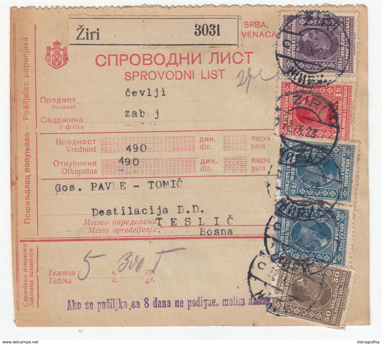 Yugoslavia Parcel Card Sprovodni List 1928 Ziri To Teslic B170525 - Lettres & Documents