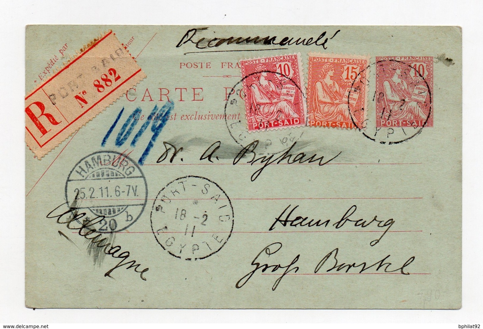 !!! ENTIER POSTAL MOUCHON DE PORT SAID DE 1911 + COMPLTS AFFRANCH RECOMMANDE POUR L'ALLEMAGNE - Cartas & Documentos