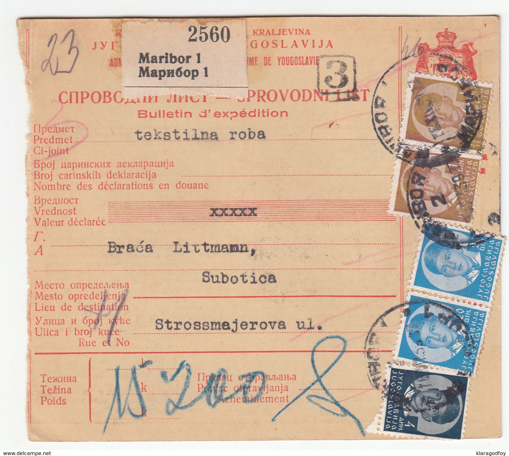Yugoslavia Parcel Card Sprovodni List 1939 Maribor To Subotica B170525 - Covers & Documents