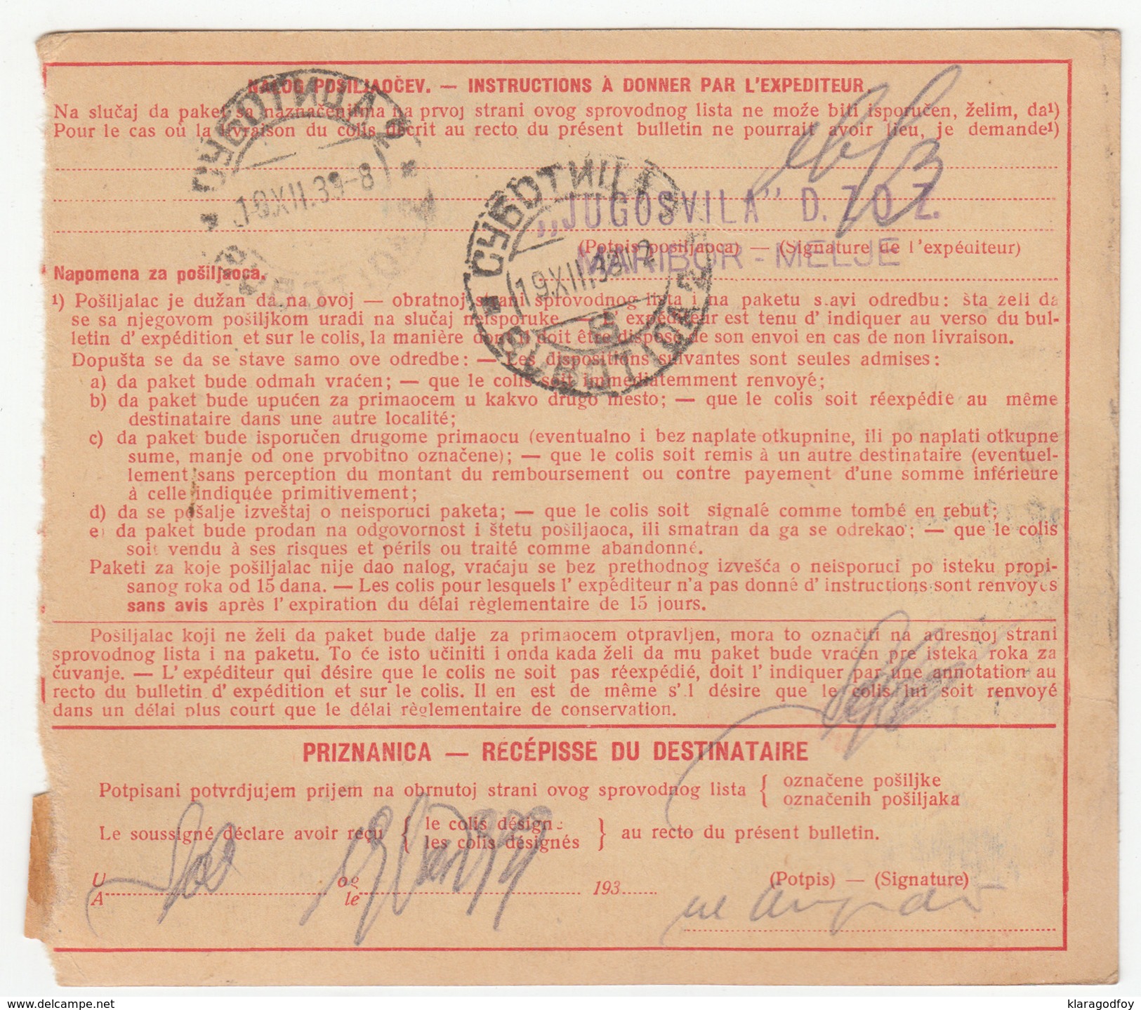 Yugoslavia Parcel Card Sprovodni List 1939 Maribor To Subotica B170525 - Lettres & Documents