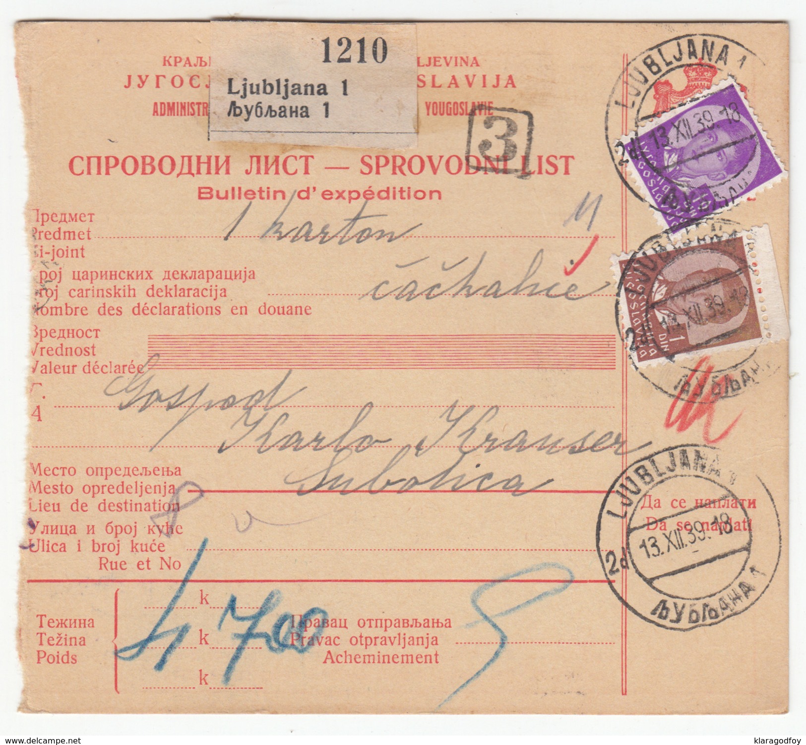 Yugoslavia Parcel Card Sprovodni List 1939 Ljubljana To Subotica B170525 - Lettres & Documents