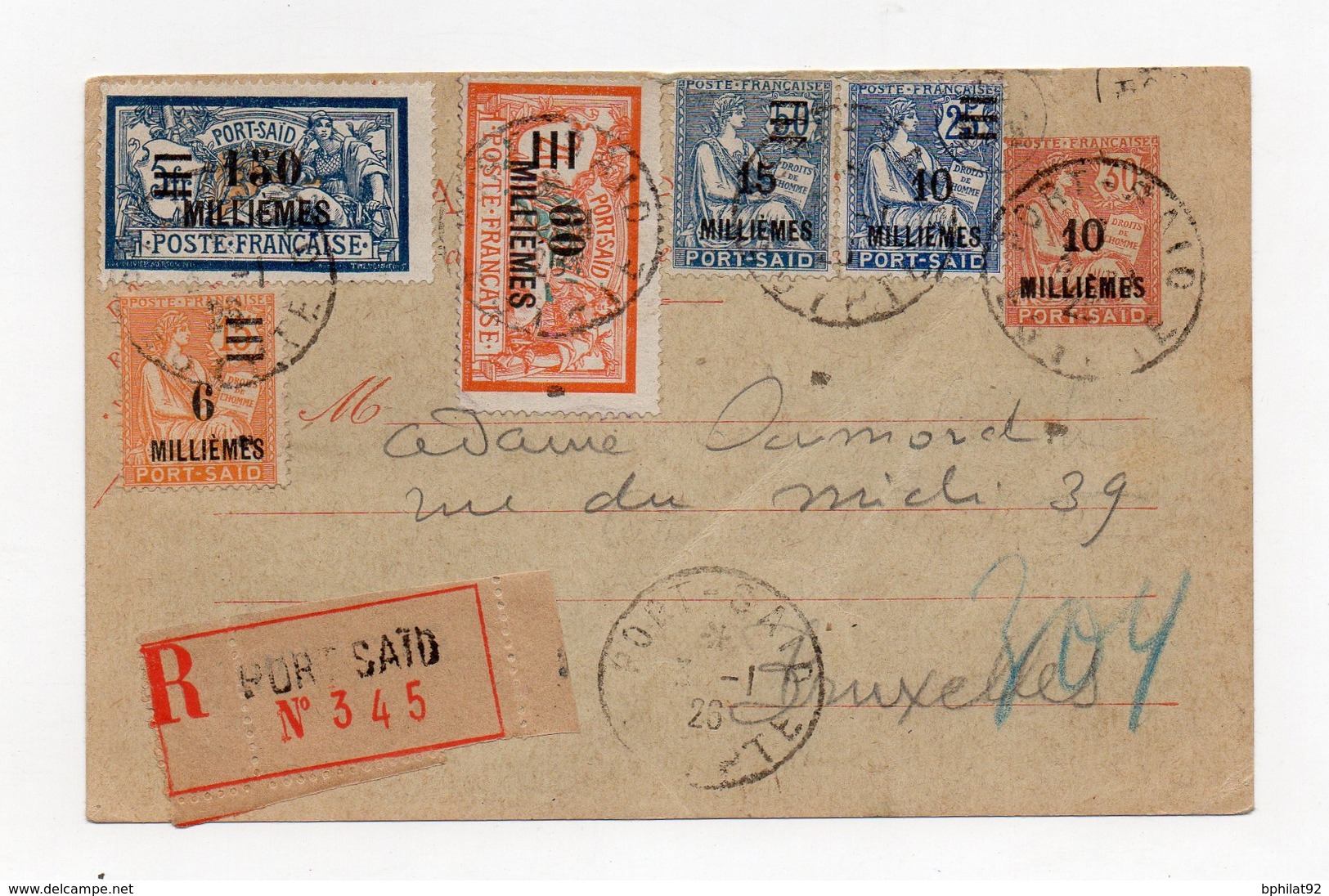 !!! ENTIER POSTAL MOUCHON DE PORT SAID DE 1926 + COMPLTS AFFRANCH RECOMMANDE POUR LA BELGIQUE - Cartas & Documentos