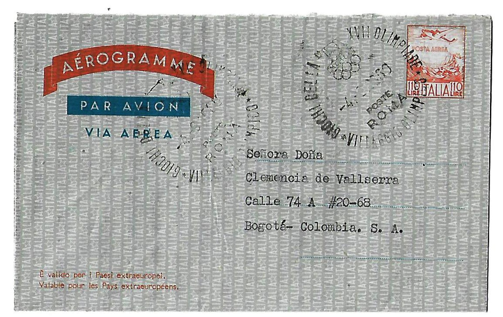 ITALIA 1960 AEROGRAMA AÉREO DESDE LA VILLA OLIMPICA POR LA EMBAJADA DEPORTIVA DE COLOMBIA DESDE ROMA A BOGOTA - Airmail