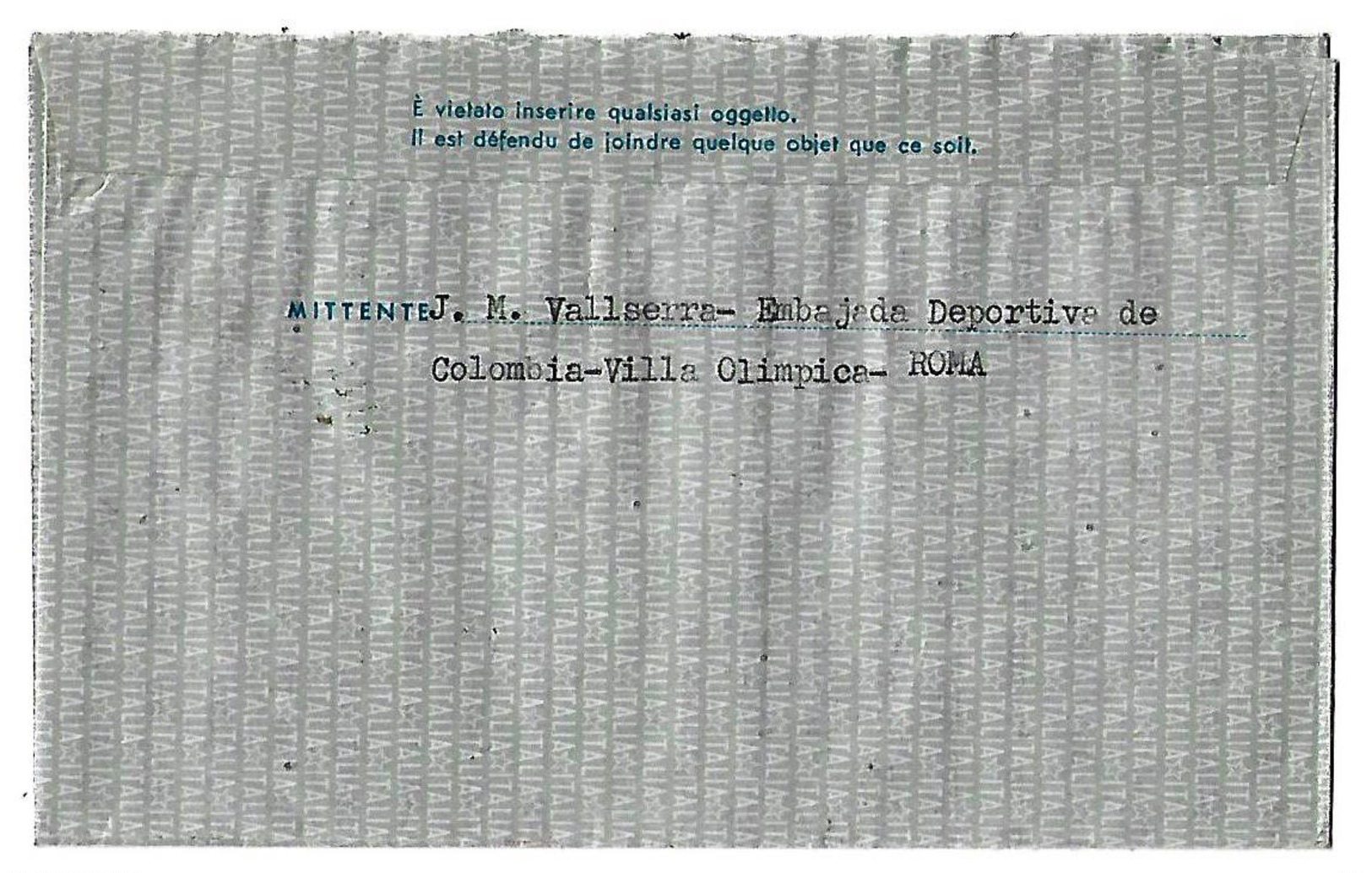 ITALIA 1960 AEROGRAMA AÉREO DESDE LA VILLA OLIMPICA POR LA EMBAJADA DEPORTIVA DE COLOMBIA DESDE ROMA A BOGOTA - Airmail