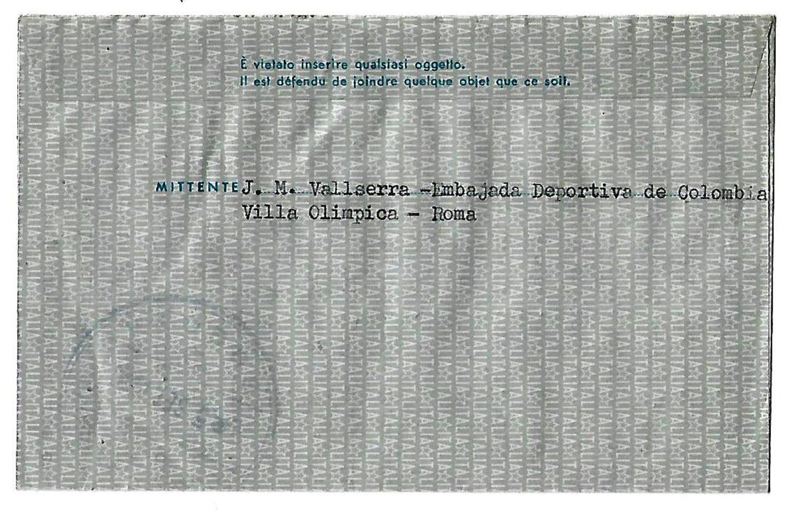 ITALIA 1960 AEROGRAMA AÉREO DESDE LA VILLA OLIMPICA POR LA EMBAJADA DEPORTIVA DE COLOMBIA DESDE ROMA A BOGOTA - Luftpost