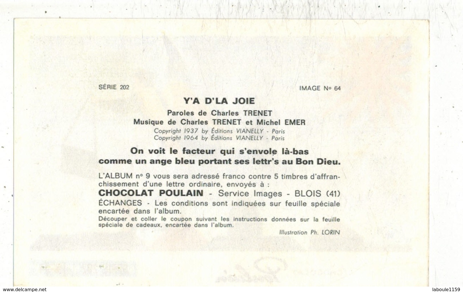 Image Chocolat Poulain Série N° 202 : Y A DE LA JOIE Charles TRENET => Image N° 64 - Musique Artiste Chanteur Narbonne - Poulain