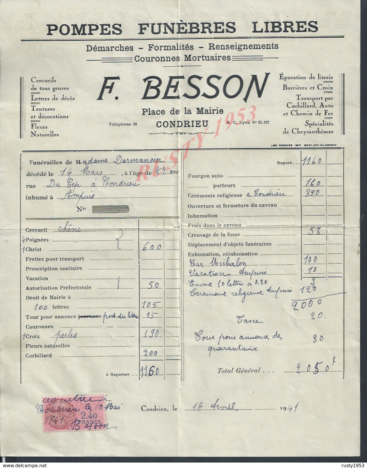 FACTURE DE 1941 F. BESSON POMPES FUNÈBRES LIBRES À CONDRIEU : - Petits Métiers