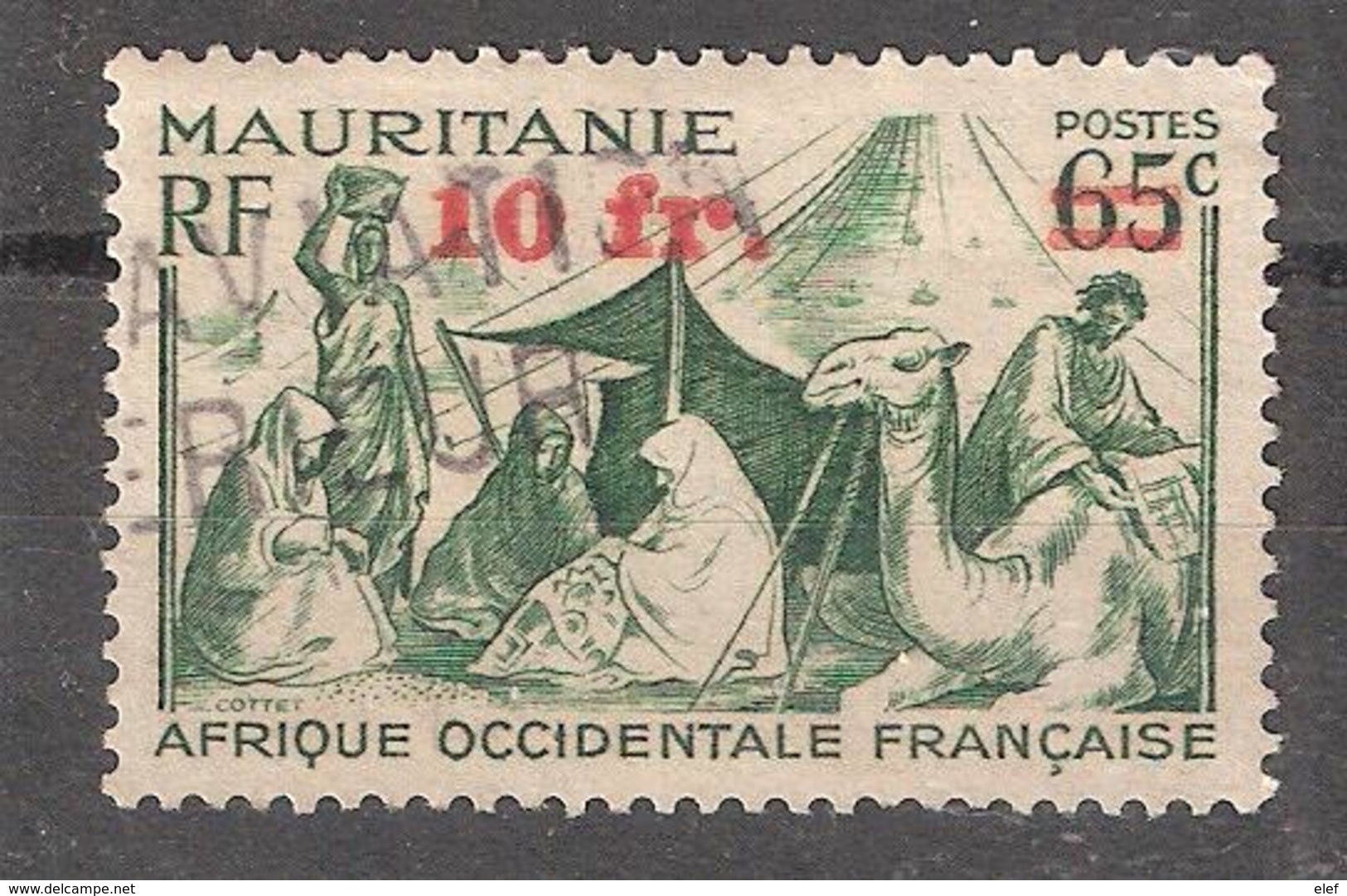 MAURITANIE 1944,Yvert N° 136 ,surchargé 10 F Sur 65 C Vert Nomades Et Chameau Obl Griffe Linéaire AVIATION INTERIEUR, TB - Gebruikt