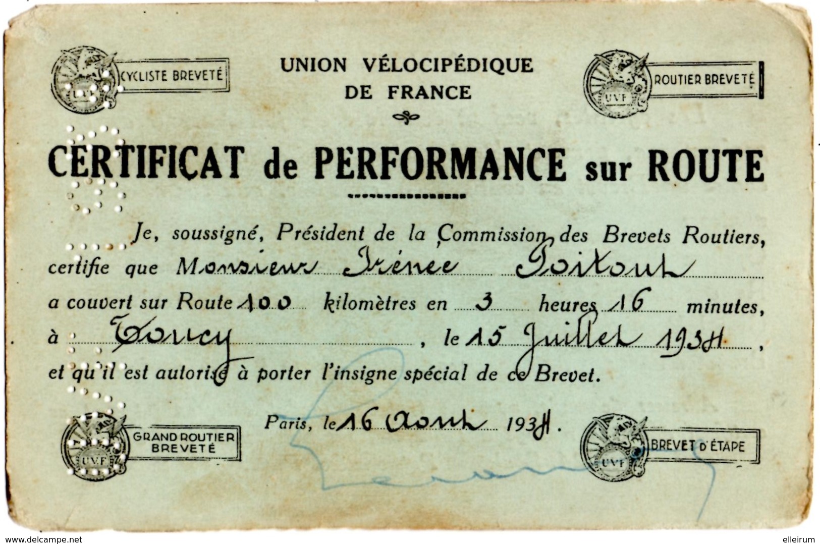 CYCLISME. TOUCY (89) UNION VELOCIPEDIQUE De FRANCE. CERTIFICAT De PERFORMANCE Sur ROUTE.1934. - Wielrennen