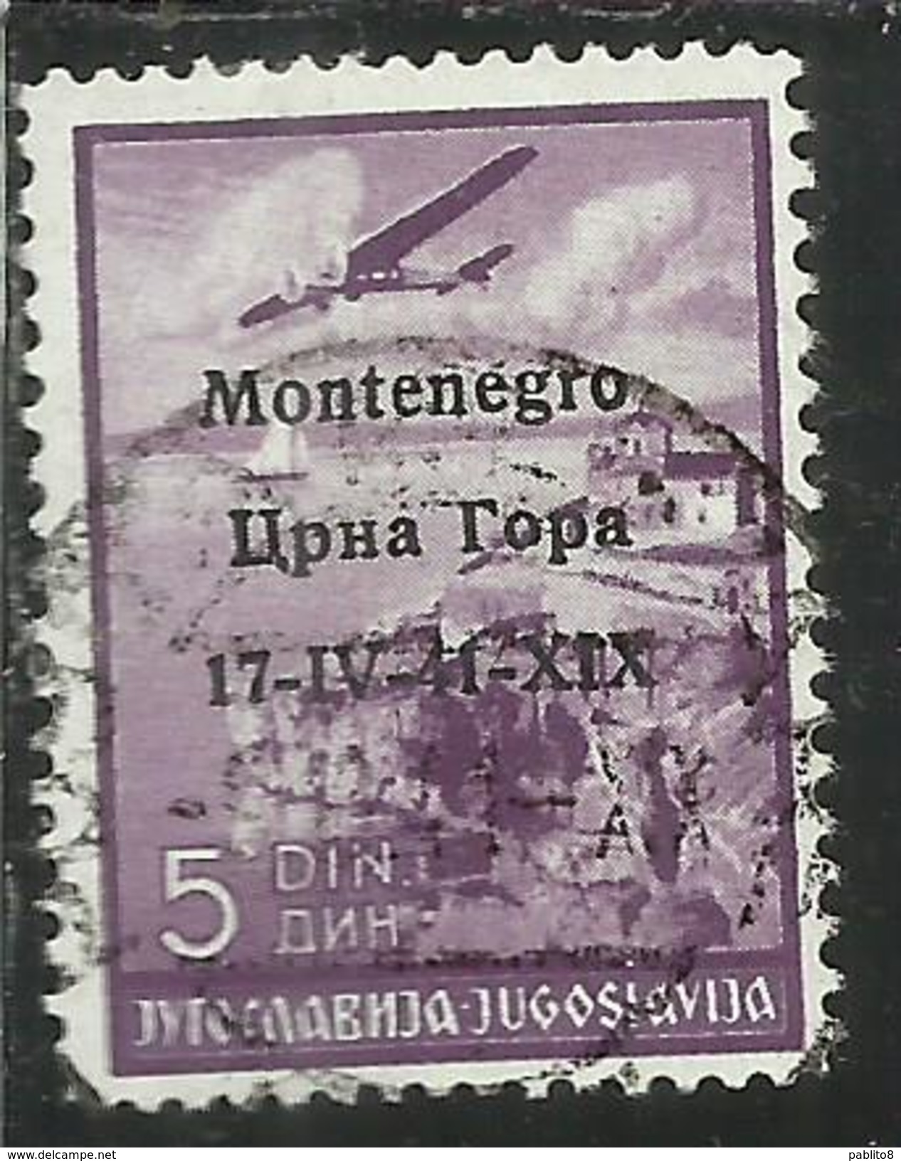 MONTENEGRO 1941 POSTA AEREA AIR MAIL SOPRASTAMPATO OVERPRINTED 5 D USATO USED OBLITERE' - Montenegro