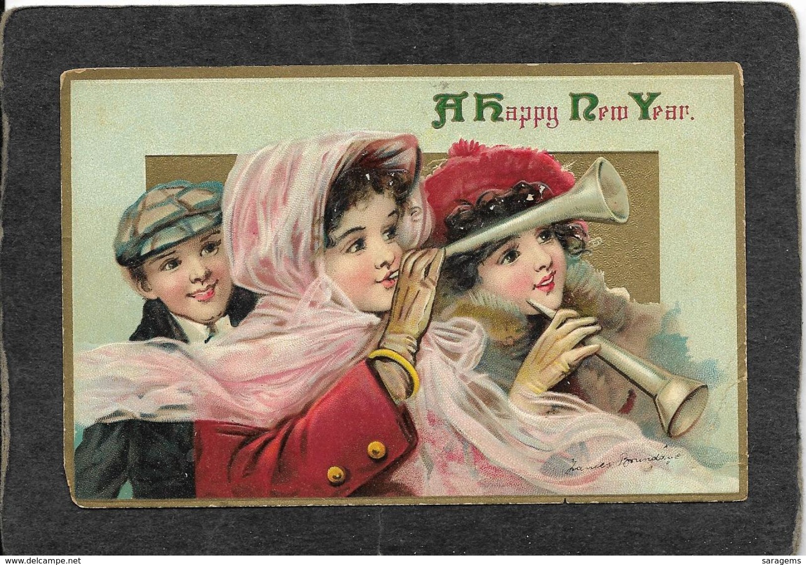 Cute Boy And 2 Cute Girls Reveling At New Years - Frances Brundage Signed Antique Postcard - Autres & Non Classés