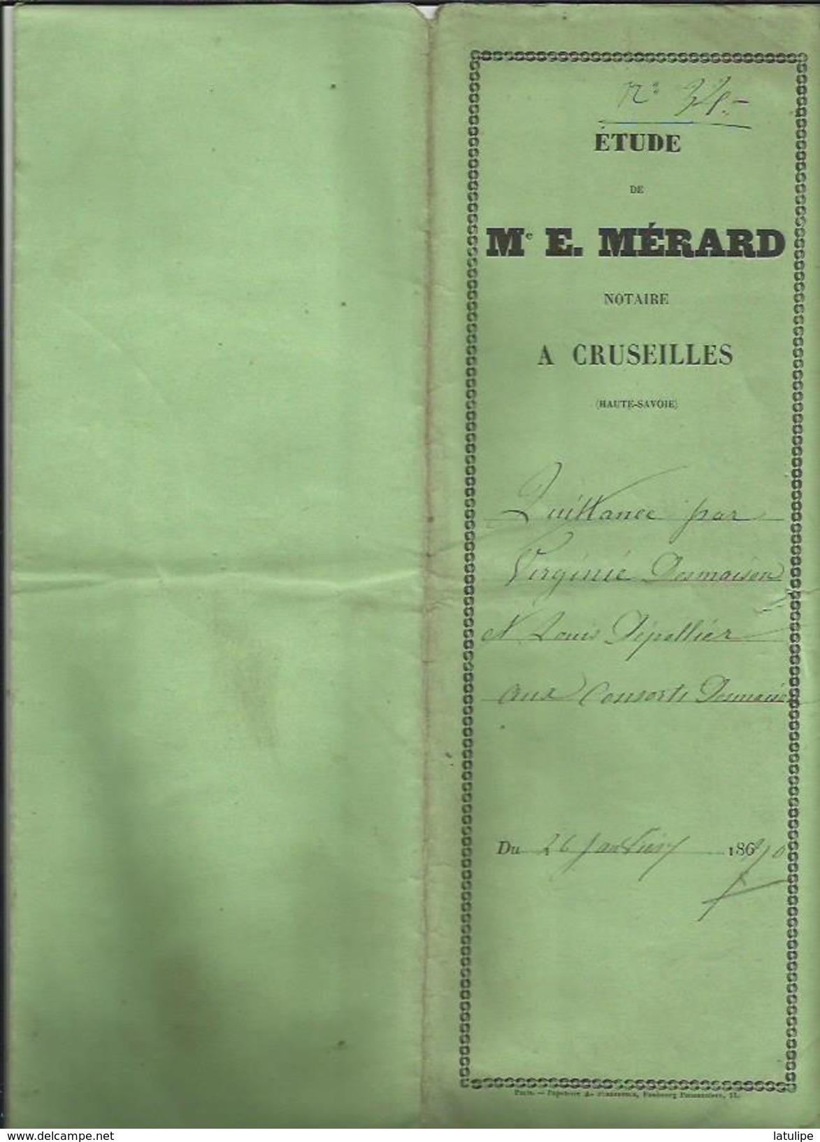 Tampon Timbre Imperial Quittance De 1 F 50 Etude Me E MERARD Notaire A Cruseilles Par V  DEMAISON A L DEPOLLIER - 1800 – 1899