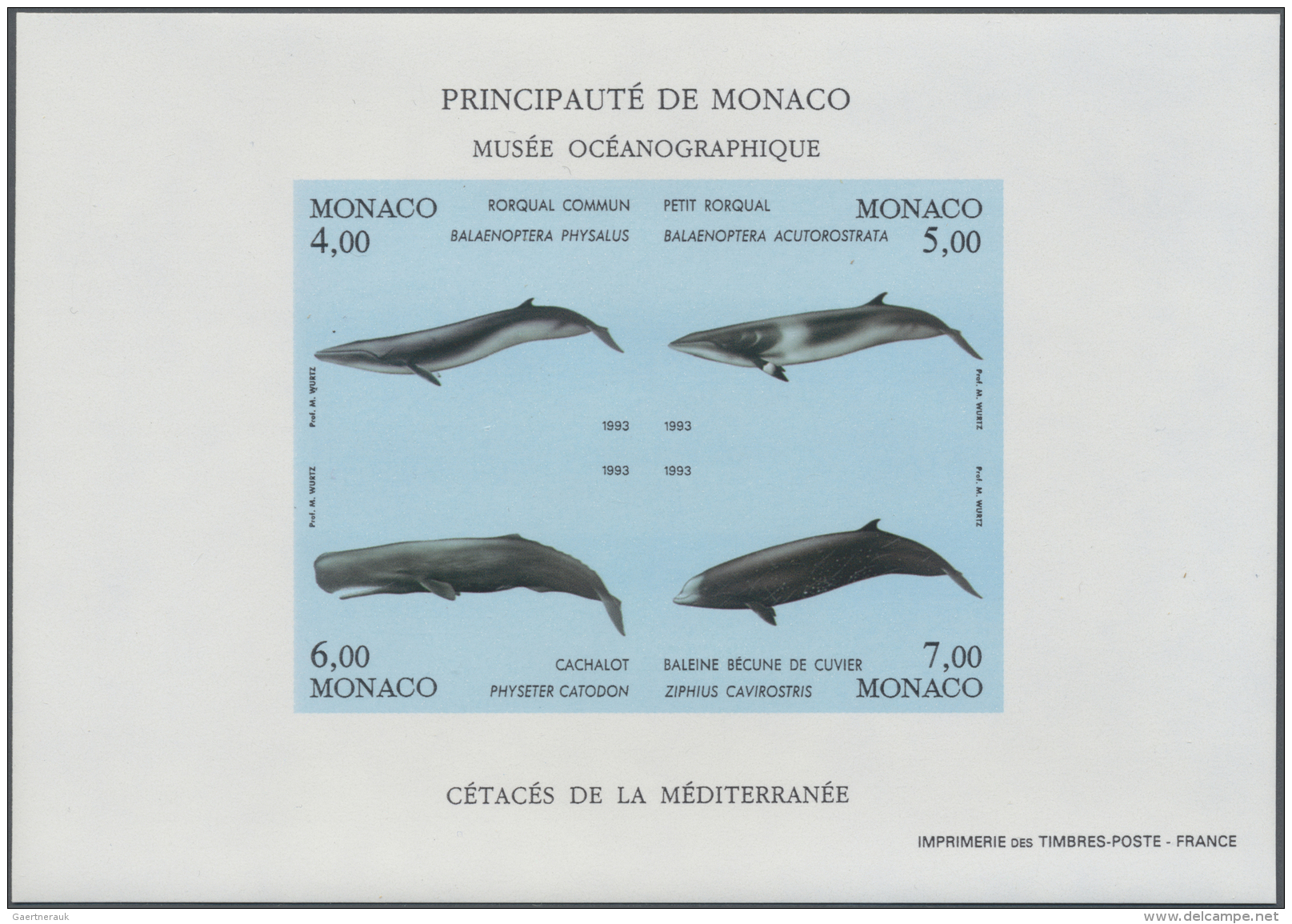 Monaco: 1993, Whales, IMPERFORATE Souvenir Sheet, 20 U/m Copies. Maury BF62 Nd - 4.500,- &euro;. - Ungebraucht