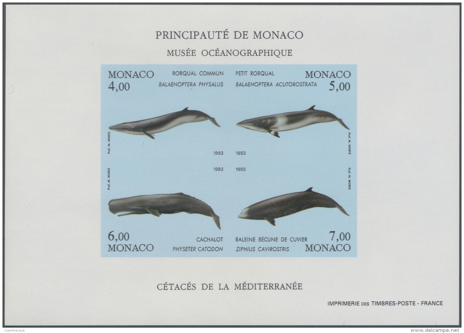 Monaco: 1993, Whales, IMPERFORATE Souvenir Sheet, 23 U/m Copies. Maury BF62 Nd - 5.175,- &euro;. - Ungebraucht