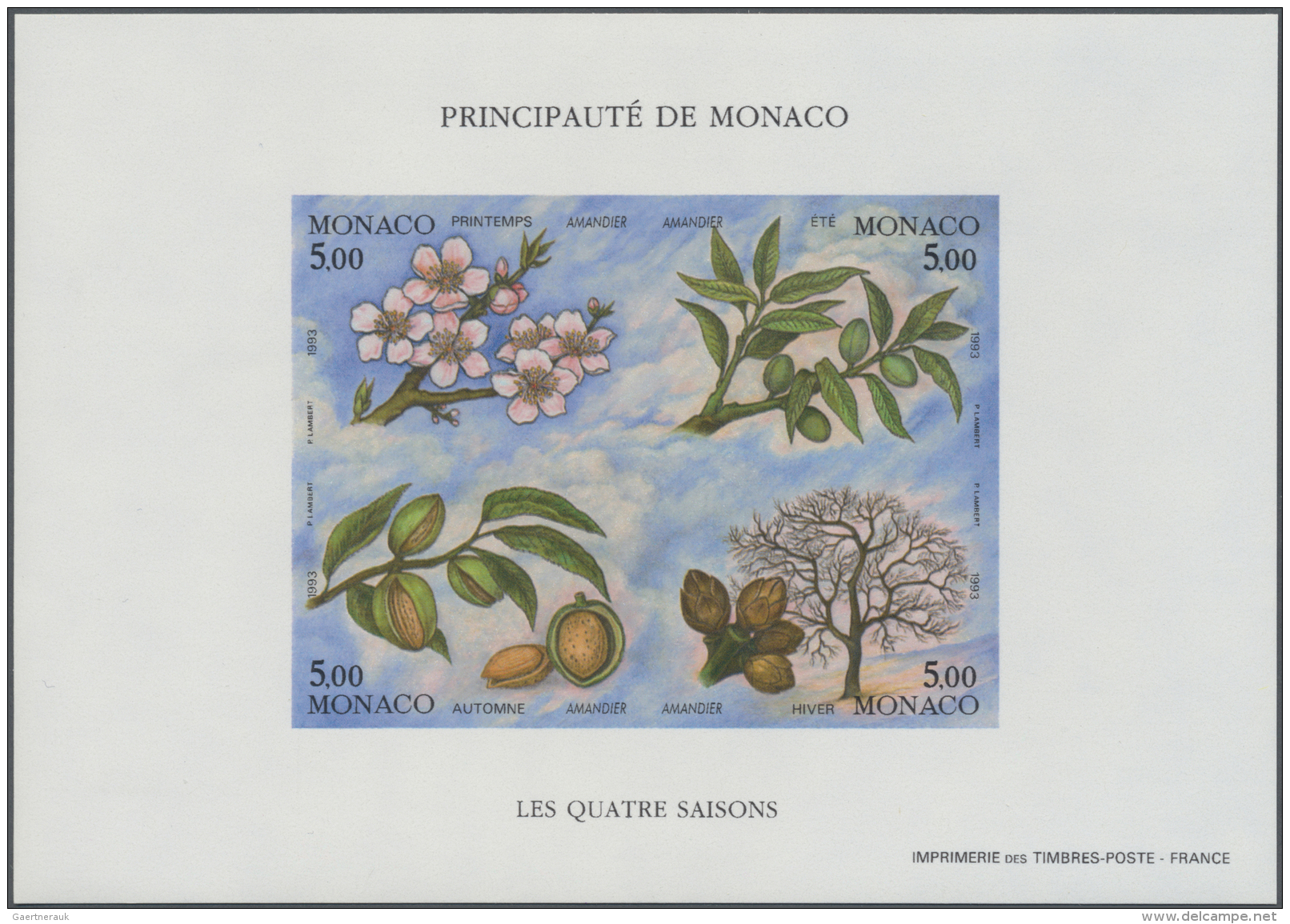 Monaco: 1993, The Four Seasons (Almond Tree), IMPERFORATE Souvenir Sheet, 25 U/m Copies. Maury BF63 Nd - 4.625,- &euro;. - Nuovi