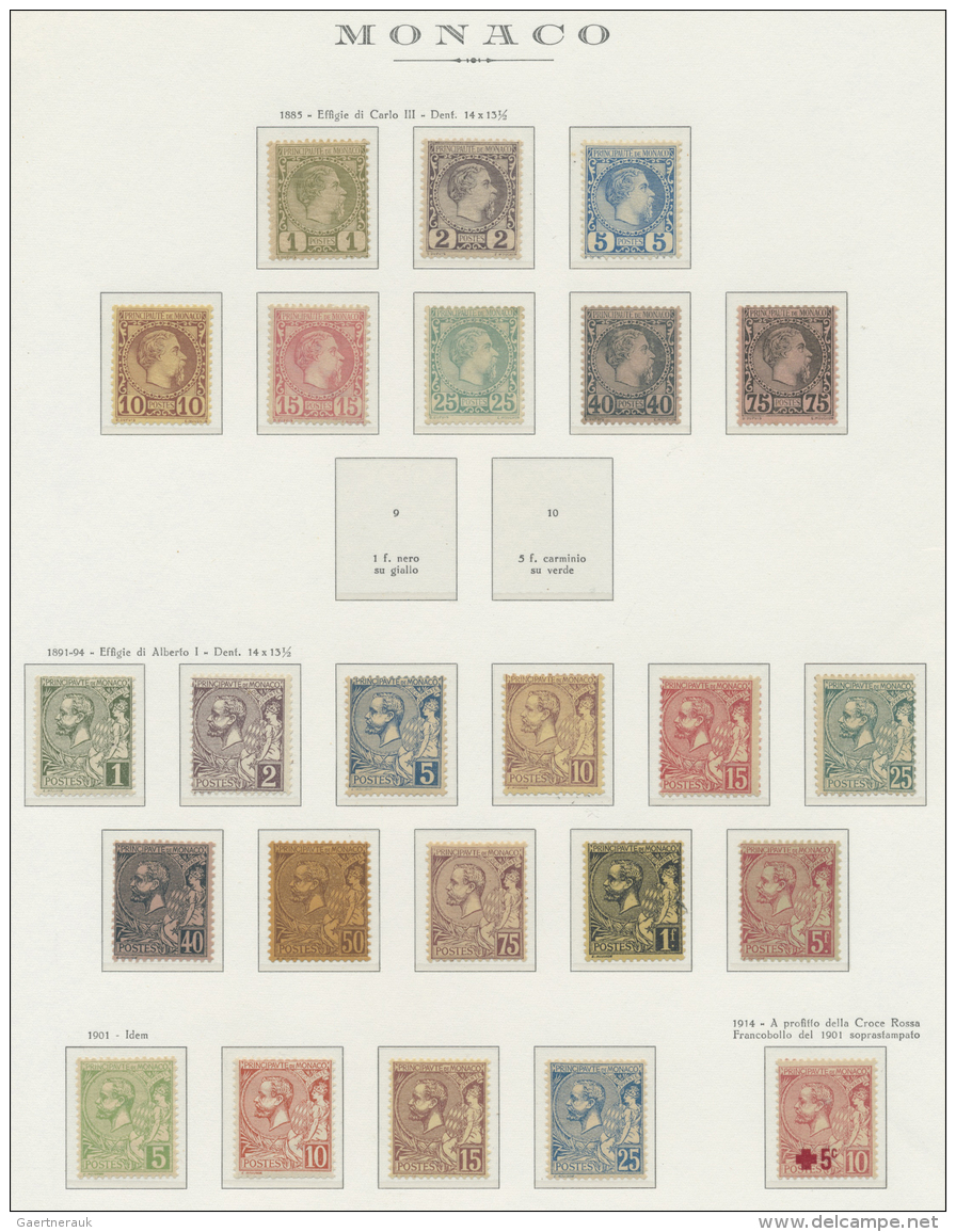 Monaco: 1885/1922, Ungebrauchte/postfrische Sammlung Auf Vordrucken, Dabei 1 C. Bis 75 C. Freimarken 1885, 1 C. Bis 5 Fr - Ungebraucht