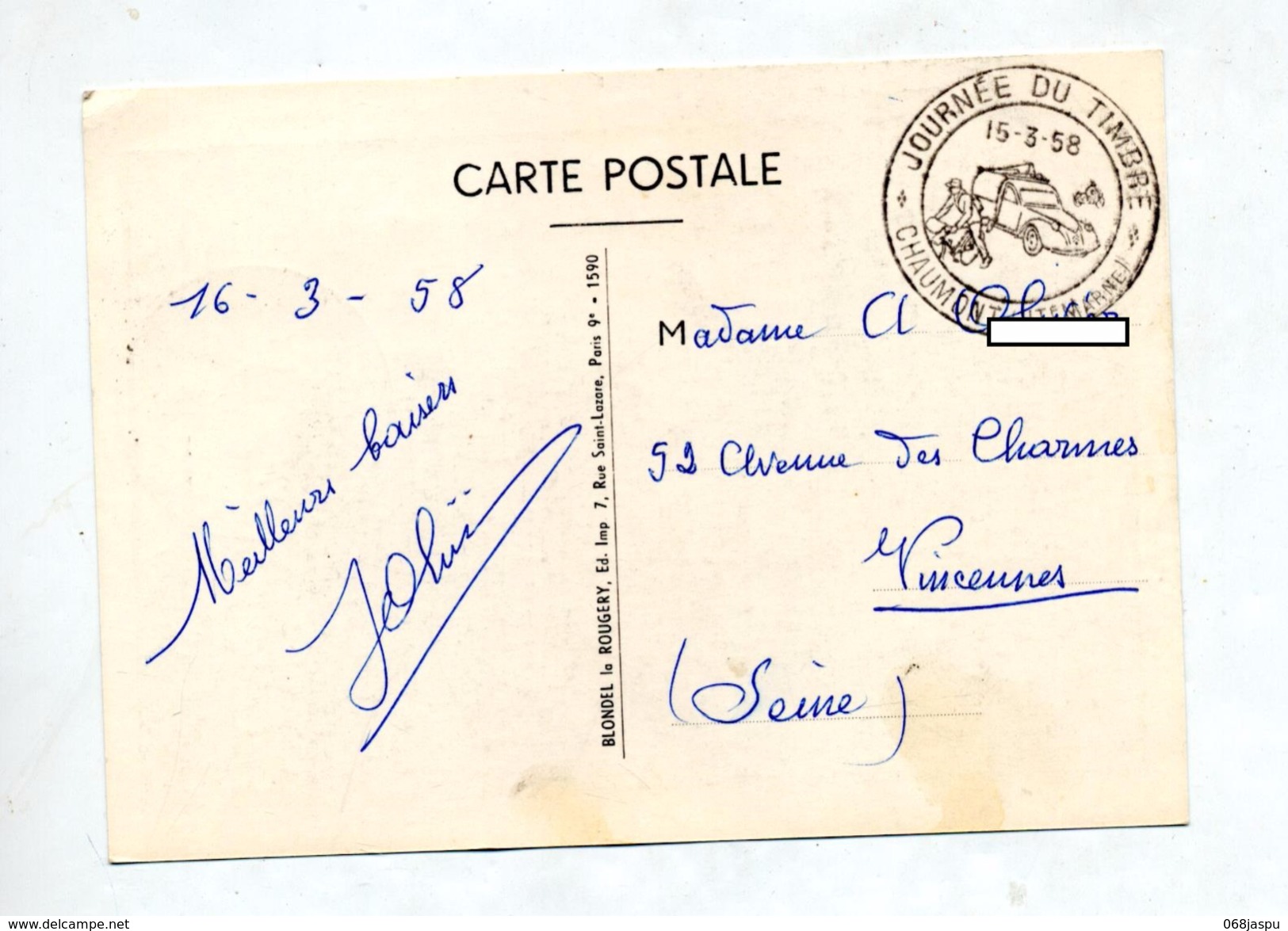 Carte Cachet Chaumont Journee Du Timbre 1958 - Cachets Commémoratifs