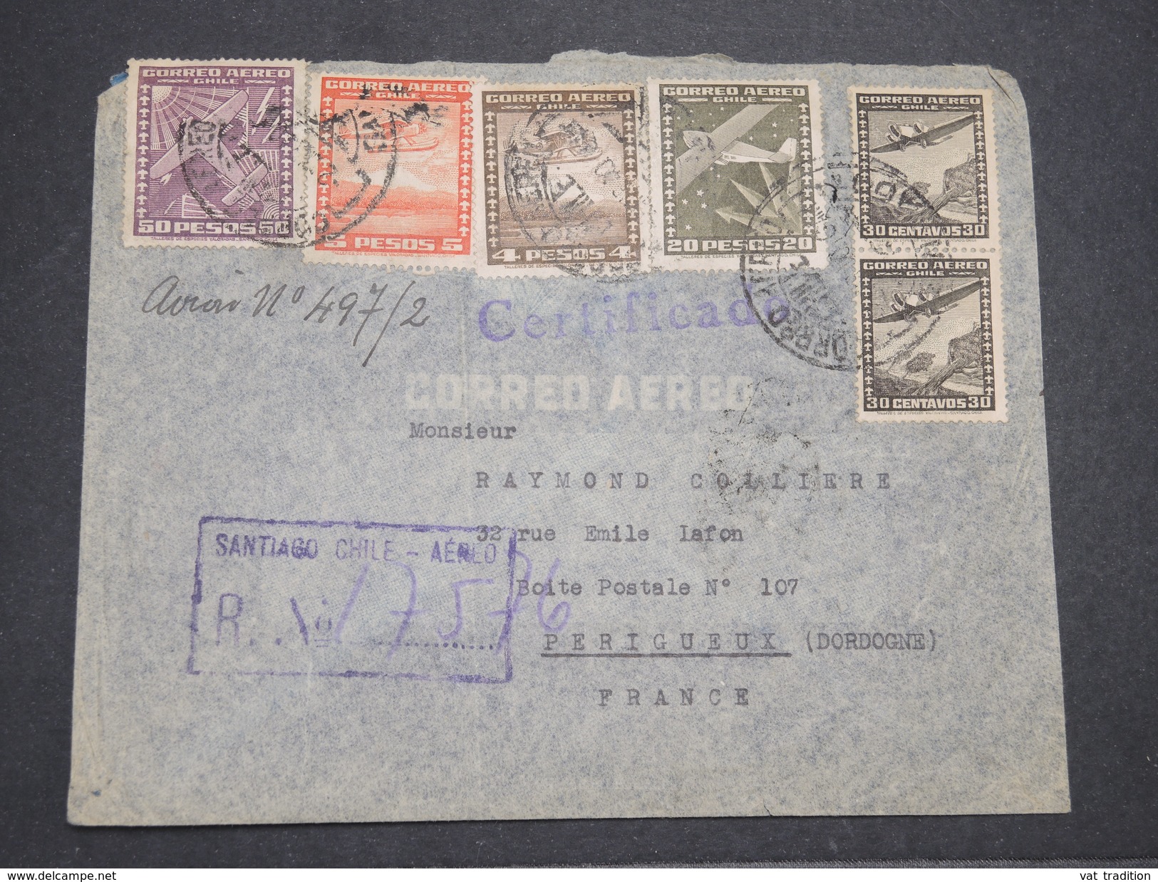 CHILI - Enveloppe En Recommandé De Santiago Pour La France En 1940 Par Avion , Affranchissement Plaisant - L 7895 - Chili