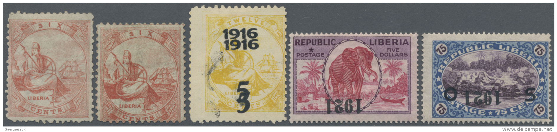 Liberia: 1880-1921, Two Album Pages With Overprint Varieties, 1921 Inverted On Single Stamps And Official 3c. Brown On B - Liberia