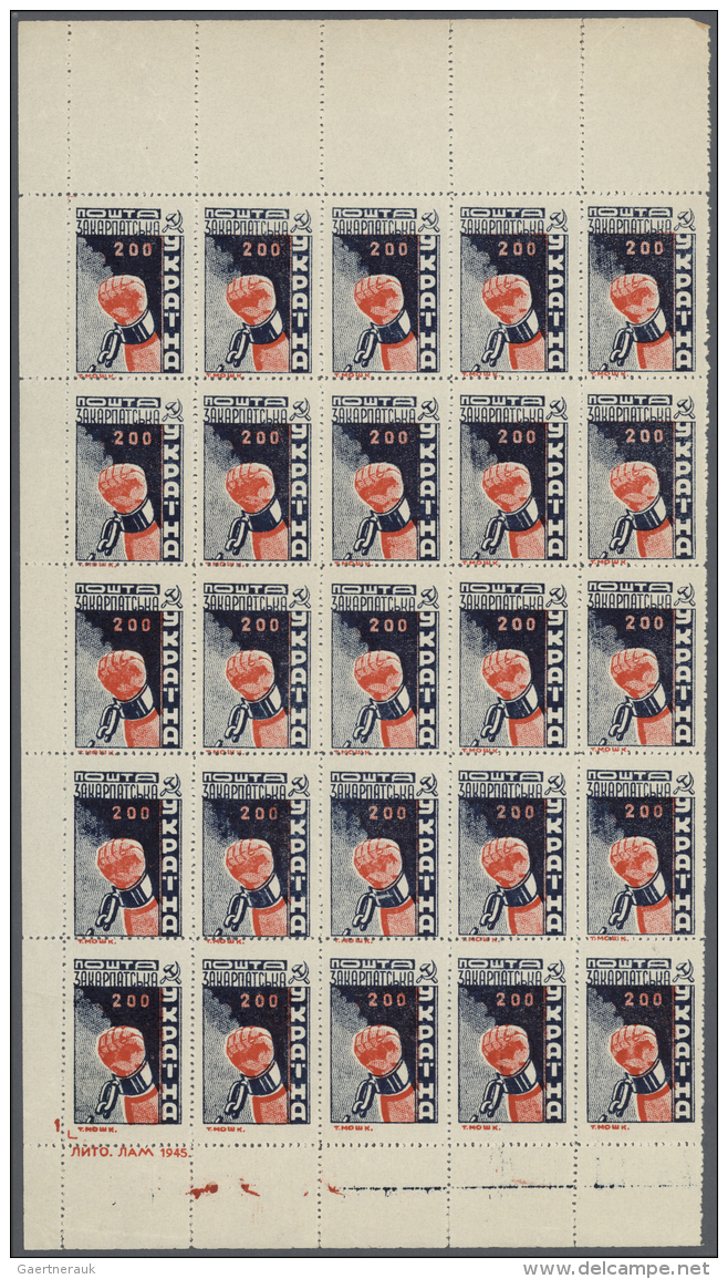 Karpaten-Ukraine: 1945, 200f. Blue/red, Perf. 11&frac12; (Michel No. 80 A), Lot Of 232 Unused Stamps Within Large Units - Ukraine