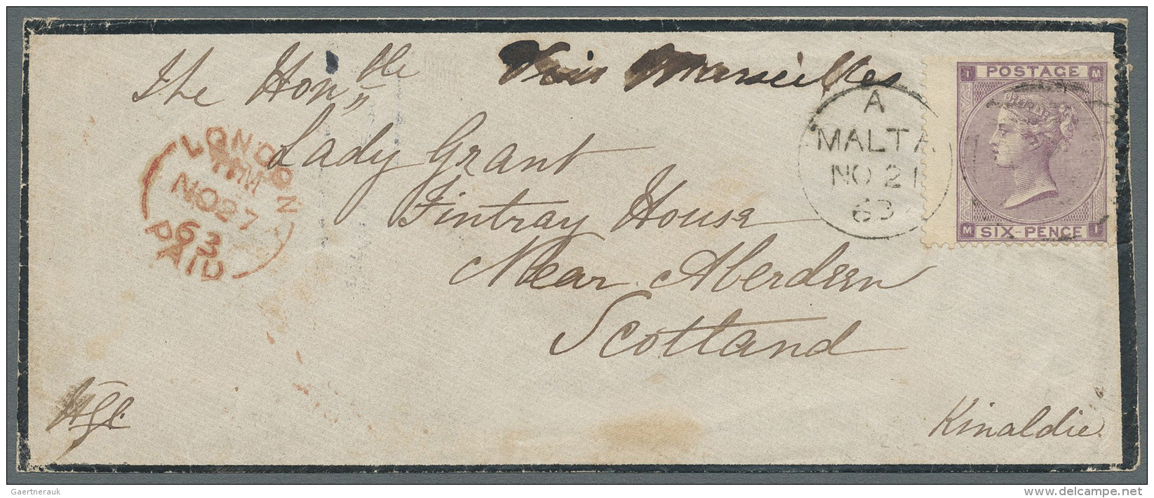 Malta: 1847/1887, Lot Of Four Better Covers (single Lots), One Stampless Soldier's Letter 1847 And Three Covers GB Used - Malta