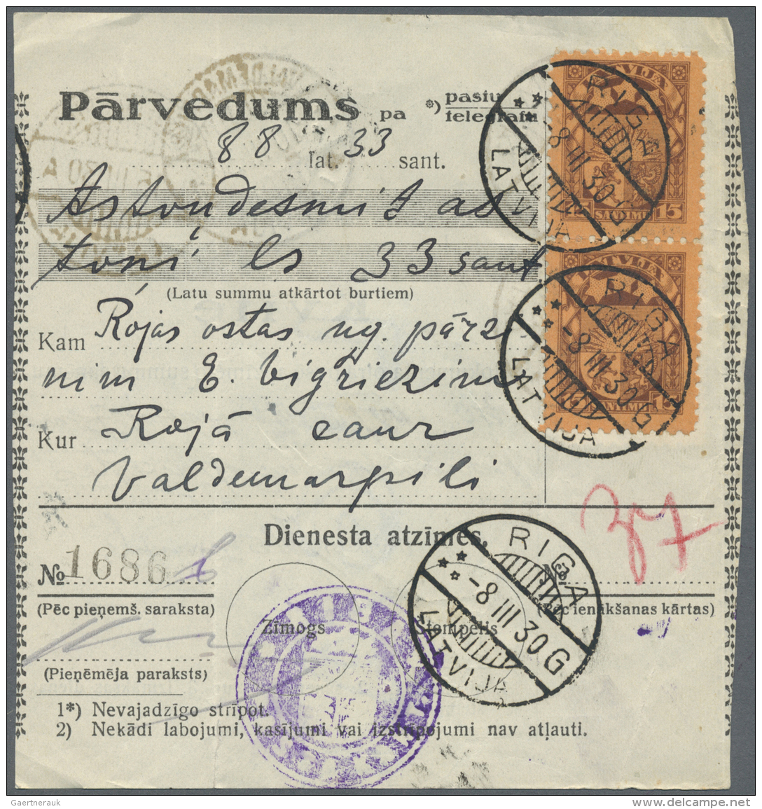 Lettland: 1925/1937, About 350 Franked P&auml;rvedums (money Orders) With Many Different Cancellations And Some Better F - Latvia