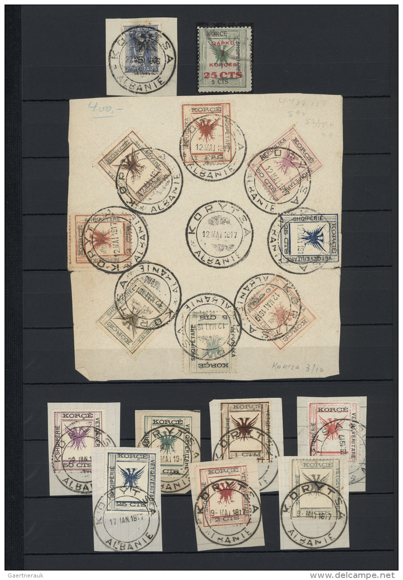 Albanien - Lokalausgaben: 1916/1918, Kor&ccedil;a, Used Assortment Of 17 Stamps Incl. French Administration 25c. On 25le - Albanien