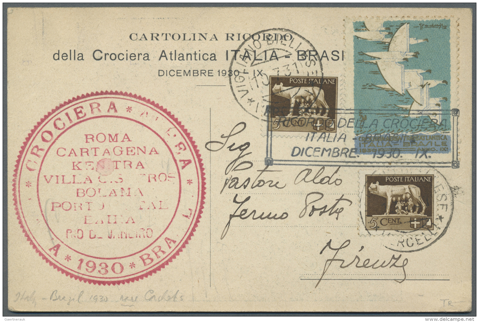 Flugpost Alle Welt: 1930/1931, CROCIERA ATLANTICA ITALIA-BRASILE, Two Picture Cards With Corresponding Vignette And Cach - Autres & Non Classés