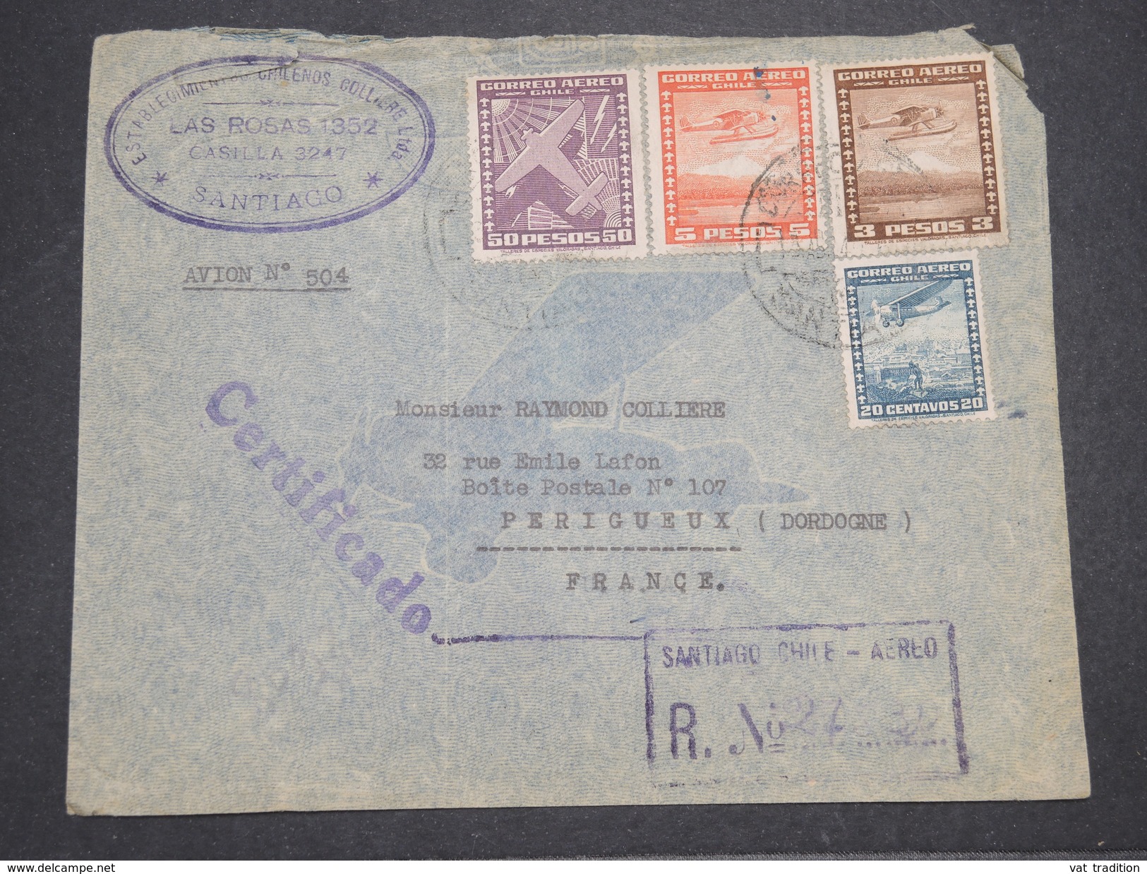 CHILI - Enveloppe En Recommandé De Santiago Pour La France En 1940 Par Avion , Affranchissement Plaisant - L 7897 - Chili