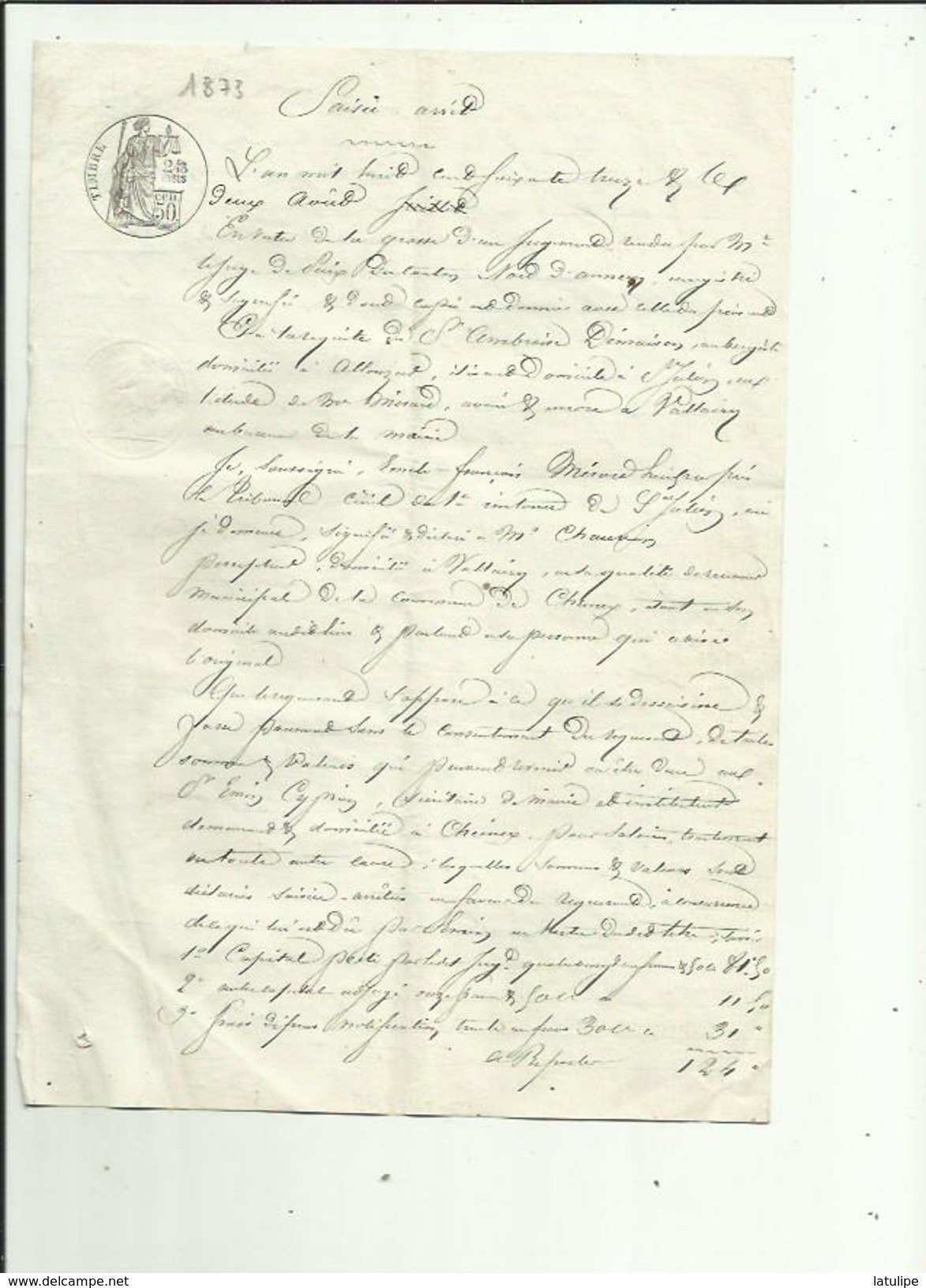 Tampon Timbre Fiscal De 50ct 2/10 EN SUS De Tribunal D'Annecy De Cyprien Emin De Cuvat Et Mr A  DEMAISON A  Allonzier - 1800 – 1899